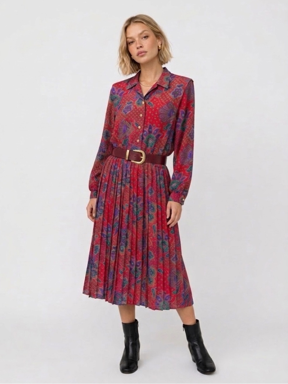 Vintage Lady Carol Petites of NY Boho Paisley Print Pleated Shirtdress - Size: 6